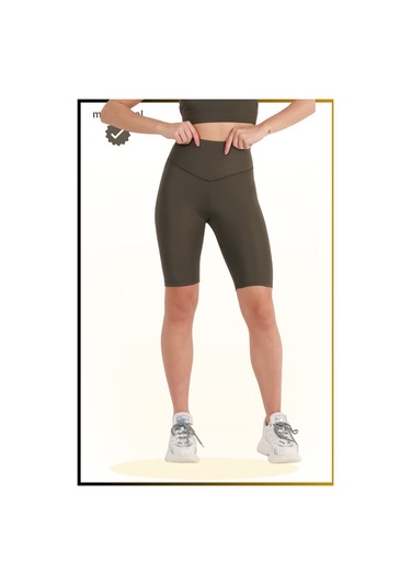 Kadın Haki Yüksek Bel Toparlayıcı Kısa Spor Tayt Biker Şort Basics Casual & Comfort 1070 Haki