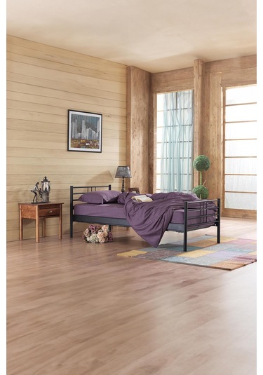 Manyas Tek Kişilik Ferforje Metal Karyola-siyah Ahşap Latalı