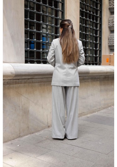 4 Düğmeli Kruvaze Geniş Çizgili Takım Açık Gri Açık Gri