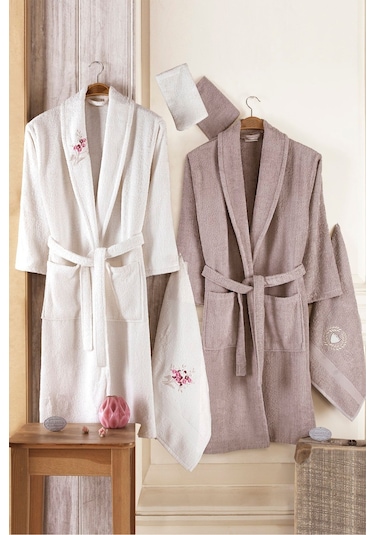 Güvenal Pamuxu 8 Parça Bornoz Seti Bornoz Takımı Çeyiz Seti 3 Kahverengi