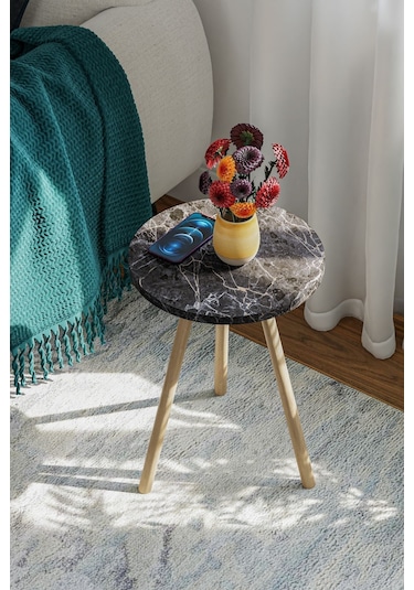 İntergo Yuvarlak Ahşap Ayaklı Tekli Zigon Yan Sehpa Siyah Mermer