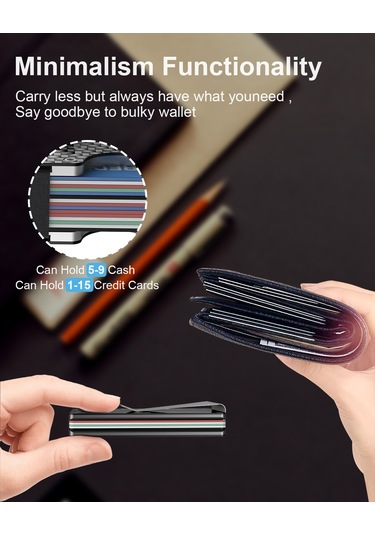 Hangfox Kara Karbon Fiber Rfıd Engelleyici Kart Çantası - Metal Pop-up Kart Tutucu Cüzdan Siyah