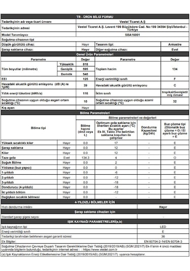 Vestel SBA16001 134 LT Ankastre Buzdolabı