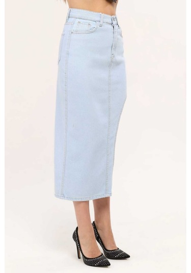 Shevega Kadın Buz Mavi Uzun Ön Parçali Asimetrik Kot Etek Buz Mavi