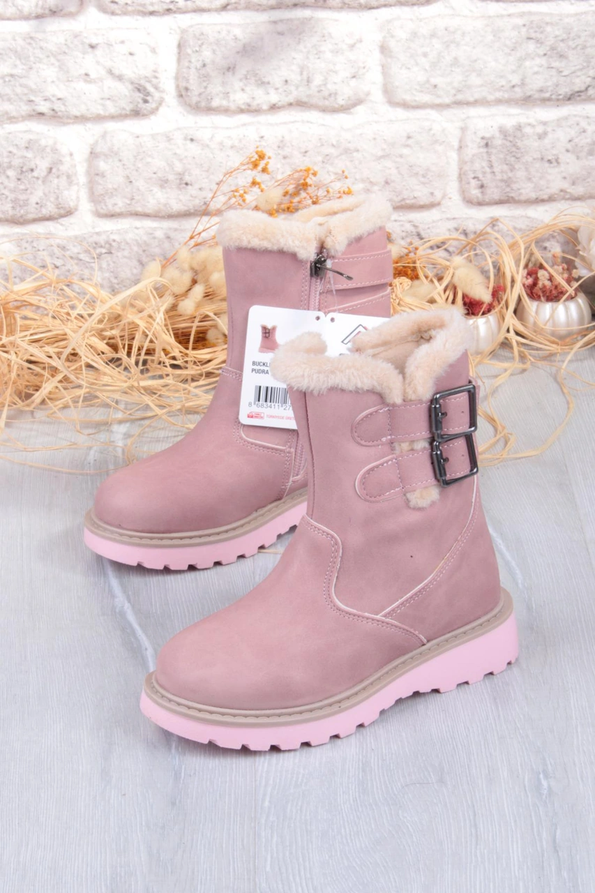 Fort Cool Buckle Anatomik Sıcak Astar Kaymaz Taban Kız Çocuk Çizme Pudra
