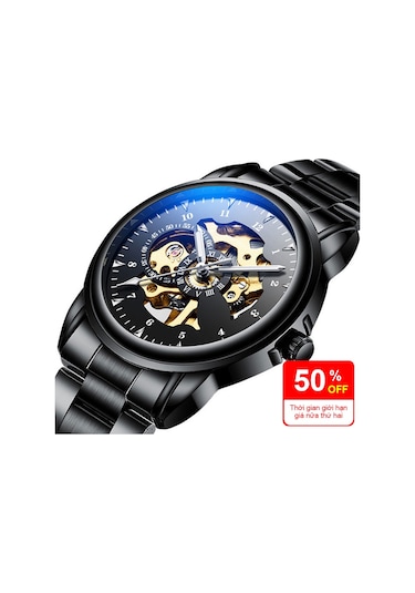 Yunboo Erkek Mekanik Saat Deri Kordon Su Geçirmez Gece Işıklı Erkek Öğrenci Kol Saati Siyah Kasa Mavi Ekran Altın