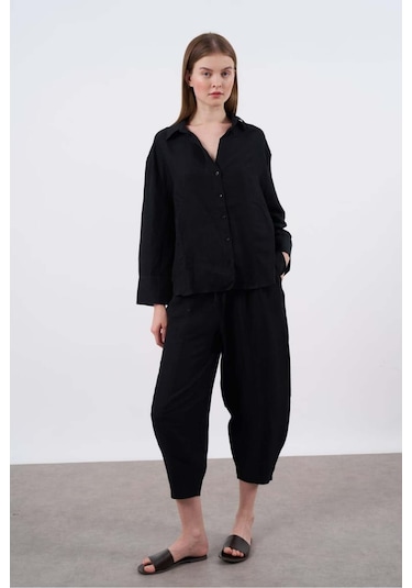 Kadın Keten Gömlek-pantolon Alt Üst Takım Siyah