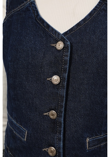 Banny Jeans Kadın V Yaka Düğmeli %100 Pamuk Jean Yelek Lacıvert