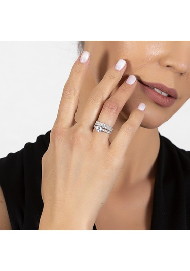 Zirkon Taşlı Çift Sıra Tasarım 925 Ayar Gümüş Kadın Tektaş Yüzük Beyaz