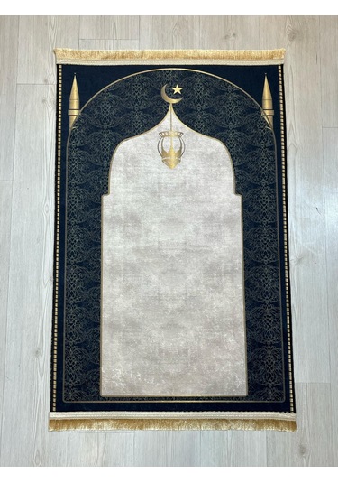 Seccade Diz Ağrıtmayan Yumuşak Gold Saçaklı Seccade Ve Namazlık Siyah - Altın