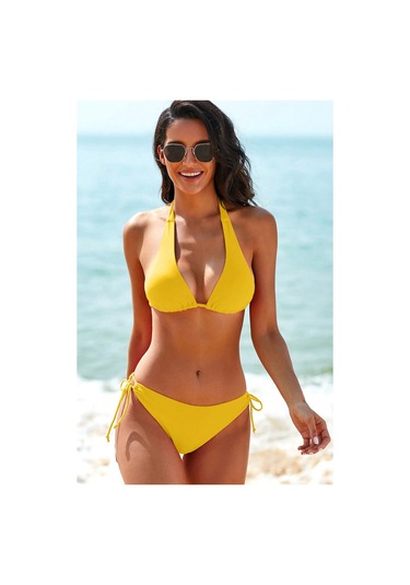 Kadın Sarı Belden, Boyundan Bağlamalı Ve Ayarlanabilir Külotlu Üç Sarı