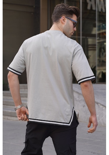 Madmext Boyalı Gri Bisiklet Yaka Şeritli Tişört 6097-boyalı Gri Boyalı Gri