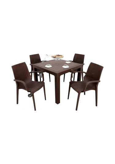 Depootoptan Mandella Elit Rattan 90 x 90 CM Nirvana Koltuk Camlı Masa Takımı Kahve Kahverengi