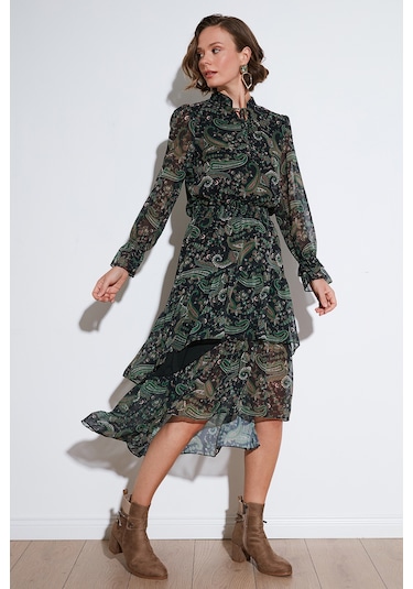 Lela Regular Fit Yaka Detaylı Volanlı Şifon Midi Bayan Elbise 611El1448 Yeşil Lela Regular Fit Yaka Detaylı Volanlı Şifon Midi Bayan Elbise 611El1448 Yeşil