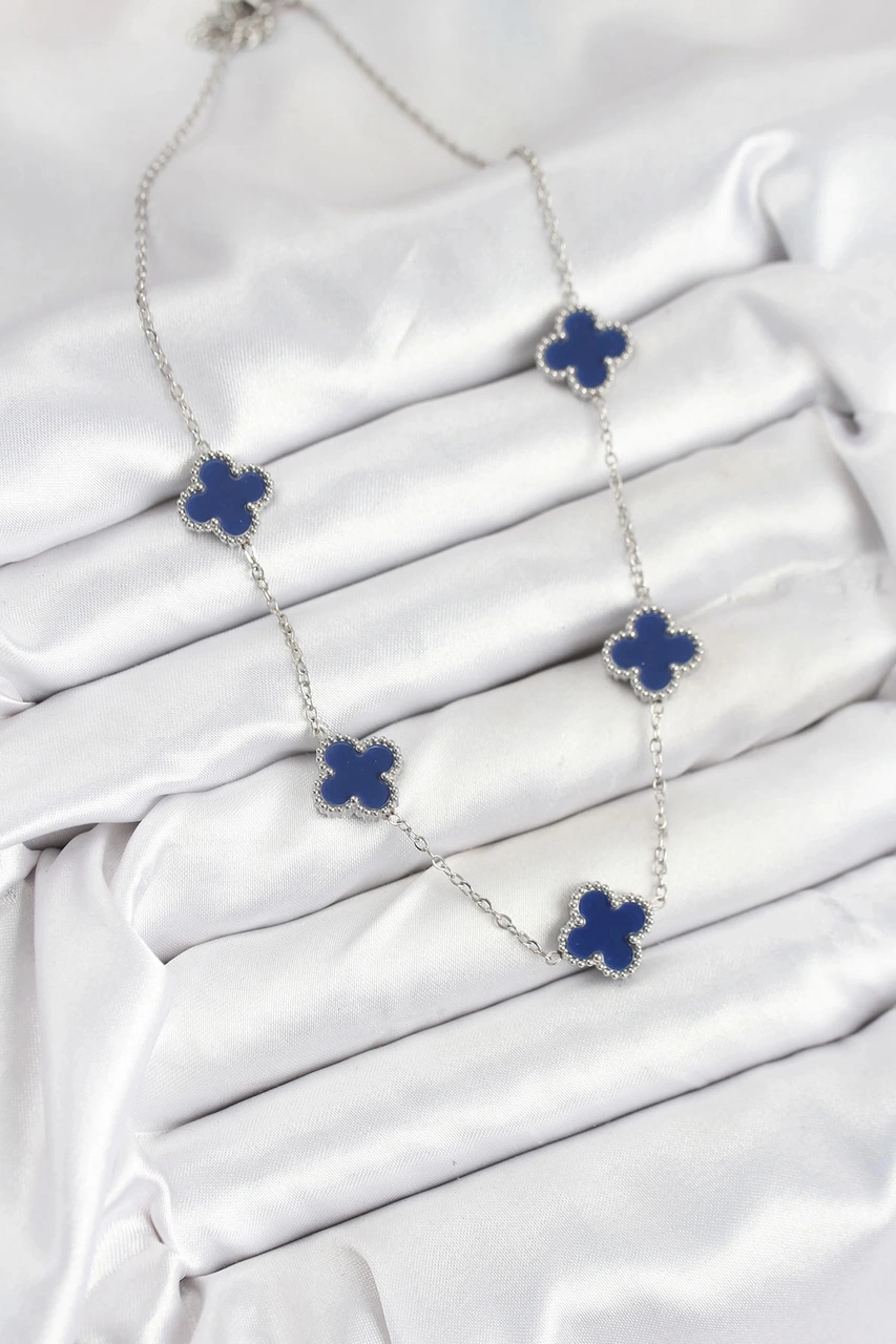 Dodes Dodes 316l Çelik Zincir Gümüş Lacivert Renk Yonca Kadın Kolye Tg27bko10587 Çok renkli