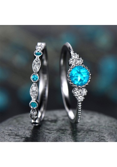 2 Pcs/set Women Fashion Zircon Gemstone Ring 9 Lake Blue Çok Renkli
