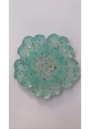 Turkuaz Renkli Gümüş Glitterli Çiçek Desenli Bardak Altlığı Turkuaz