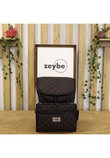 Kapitone Desenli Anne/bebek Bakım Çantası-kırmızı Nakışlı-zeybe Siyah