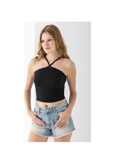 Giysa Kadın Çapraz Askılı Dantel Detaylı Crop Body Siyah - Ms0000309 Siyah
