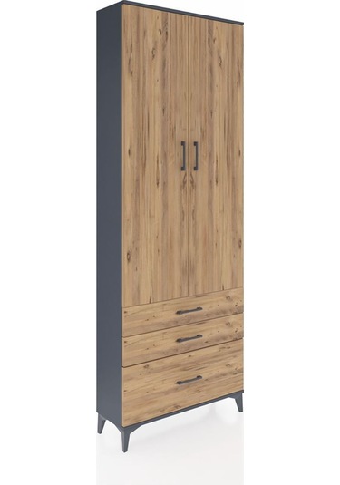 Arges Dolap Tek Raflı 3 Çekmeceli Tek Askılı 88x30x243 Antrasit-çam Antrasit