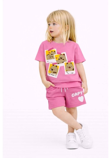 Miniko Kids Kız Çocuk Capybara Modelli Pamul Şortlu Takım Pembe