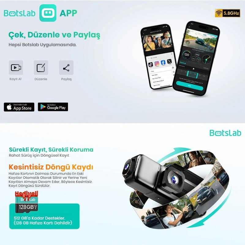 360+ Botslab G980h Pro 4k 3 Kameralı Wifi+gps Akıllı Araç İçi Kamera +170 Geniş Açı+süper Kapasitör+sesli Kontrol+gece Görüşlü 128gb Hafıza Kartı Hediyeli