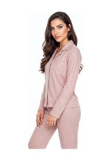 Luxury Soft Pudra Kareli Uzun Kollu Kadın Pijama Takımı 3049 Pudra
