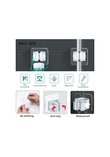 3b Trend 4 Adet Süpürge Mop Tutucu Duvar Kendinden Yapışkanlı Duvar Delme Gerektirmez Gri