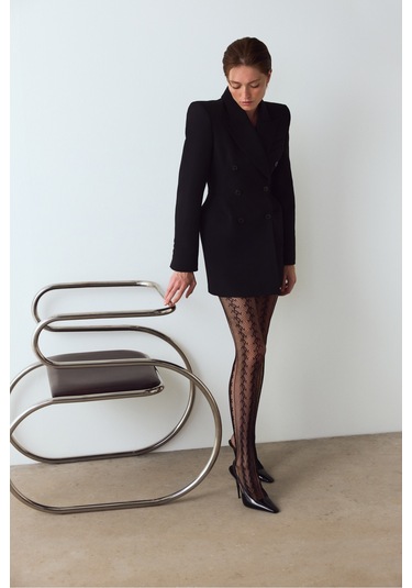 Siyah Amelia Geometrik Desenli File Külotlu Çorap Siyah