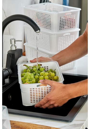 Süzgeçli Saklama Kabı Sızdırmaz Kapaklı 5 Lt - Beyaz Beyaz