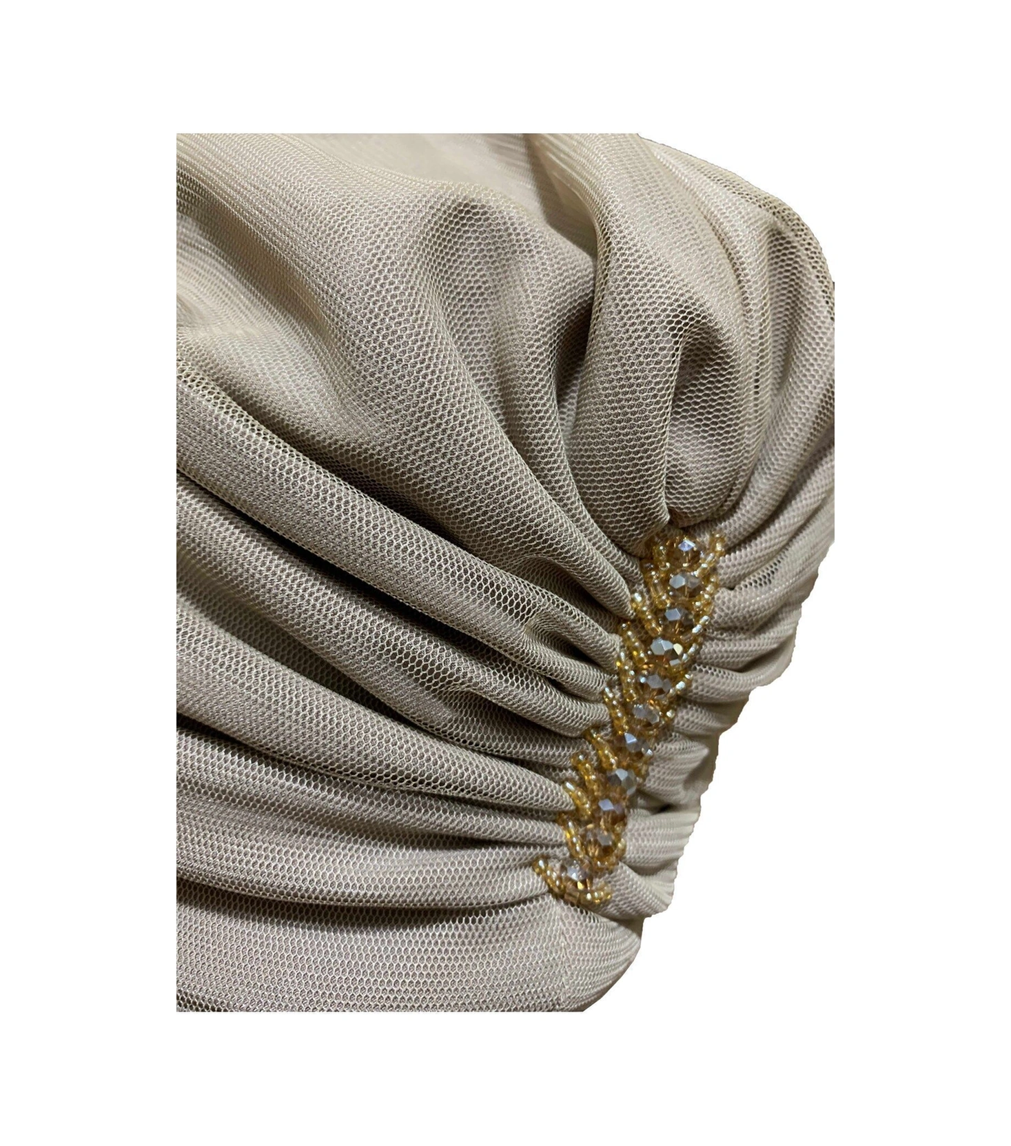 Dizayn Tüllü Kristal Taş İşlemeli Çift Taraflı Astarlı Açık Bej Hazır Türban Tesettür Abiye Bone. Açık Bej