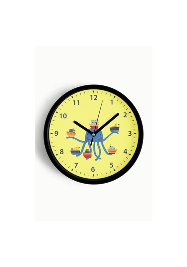 Gemileri Tutan Ahtapot Çocuk Odası Duvar Saati - 30cm - Önü Camlı Siyah Kasa - Sessiz Mekanizma-jh1165 Siyah