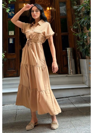 Camel Pliseli Cepli Maxi Kupra Elbise Taş