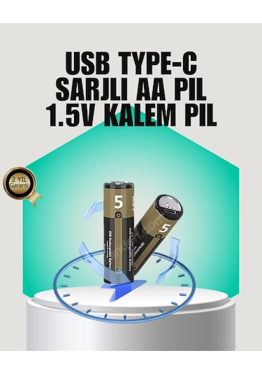 1.5v Aa Şarjlı Lityum Pil 1000+ Kez Şarj Edilebilir Hızlı Type-c Şarj 2 Adet