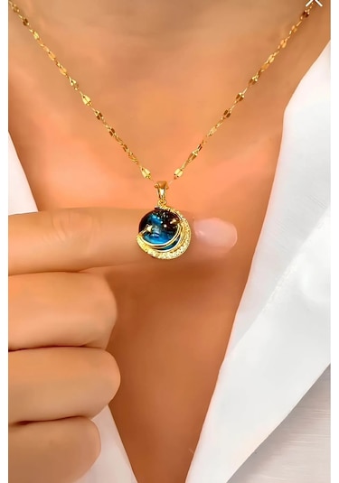 Kararmaz Gökyüzü Ay Model Gold Kadın Gezegen Çelik Kolye Çok Renkli