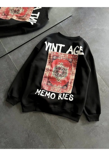 Bisiklet Yaka Üç İplik Baskılı Oversize Sweatshirt - Siyah