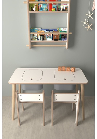 Çocuk Oyun Ve Aktivite Masası - 2 Sandalye - Gri Sepetli Beyaz-gri Beyaz - Gri