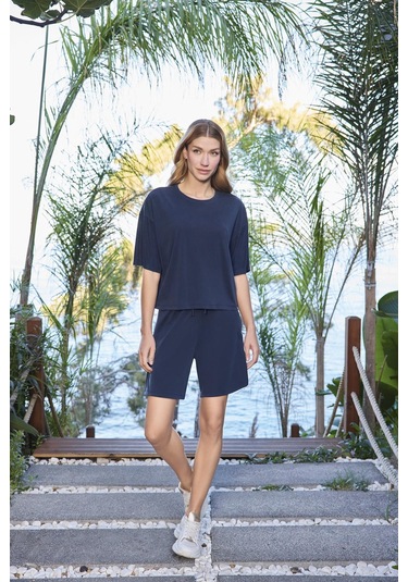 Monamise Kadın Kısa Kollu Bisiklet Yaka Alt Üst Takım 25078 Lacivert