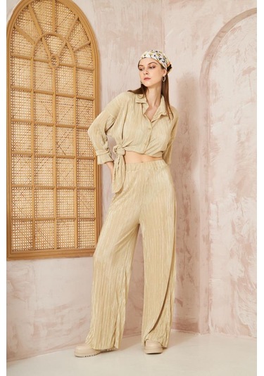 Kadın Pliseli Beli Lastikli Pantolon Tunik Gömlek Ikili Bürümcük Salaş Takım 3573300 Sarı