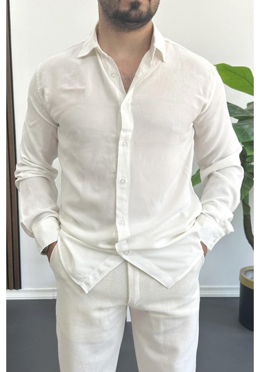Erkek Viskon Kumaş Uzun Kollu Gömlek Beyaz Edw391 Beyaz