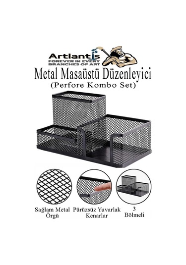 Masaüstü Metal Kalemlik Seti 3 Lü Kombo 1 Paket Fileli Perfore Siyah Kalemlik Ataşlık Kağıtlık Küpnotluk Düzenleyici Siyah