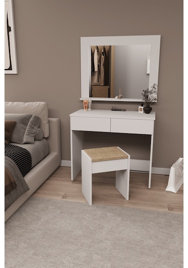 Df02109b Aynalı Puflu Beyaz Makyaj Masası Beyaz