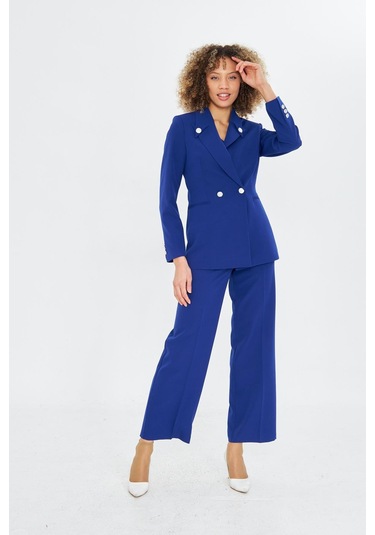 Yakası Düğme Detaylı 3lü Takım Saks Saks Mavisi