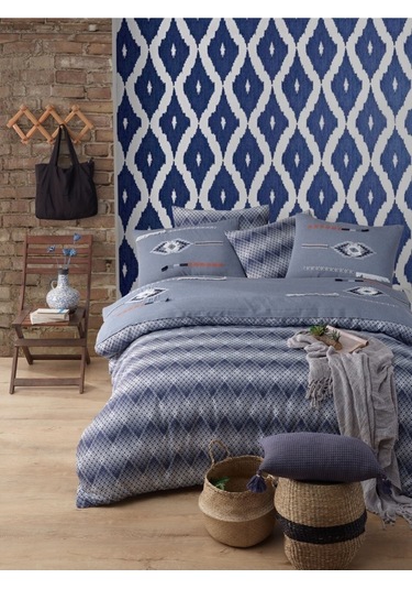 Yatak Örtüsü Seti & Nakışlı Nevresim Takımı Mavi 9 Parça Mavi