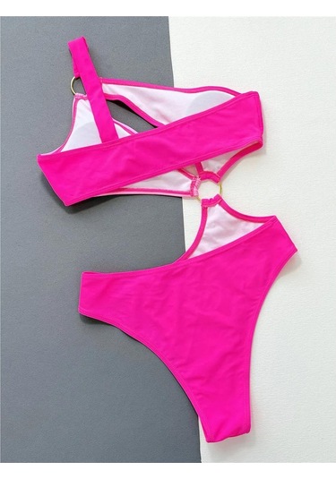 Seksi Asimetrik Ekleme Tek Omuz Kadın Mayo Tek Parça Mayo Kadın Monokini Kesik Bather Mayo Yüzme Pembe