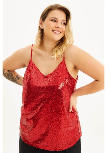 Astarlı İp Askılı Payetli Bluz-1683 Kırmızı