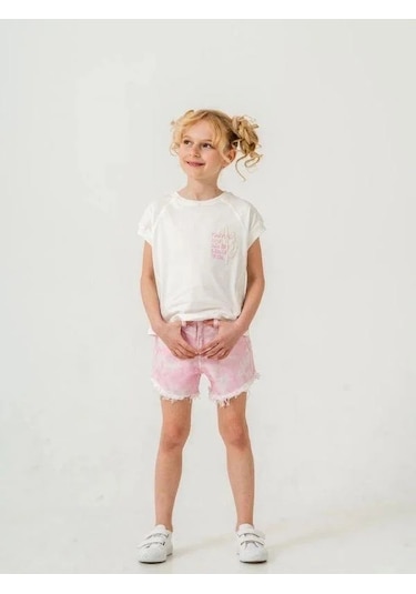 Kız Çocuk Batik Desenli Şortlu Takım-15885 Ekru