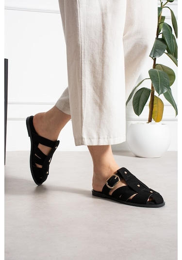 Shoetek Olwa Kadın Pimli Terlik Bantlı Tokalı Siyah Süet
