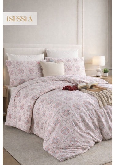 Mira Çift Kişilik Lastikli Çarşaflı Nevresim Takımı Pembe - Çiçek - Motif