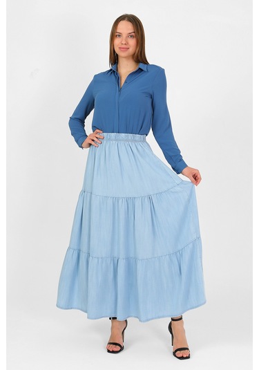 Beli Lastikli Büzgülü Tensel Etek Açık Mavi